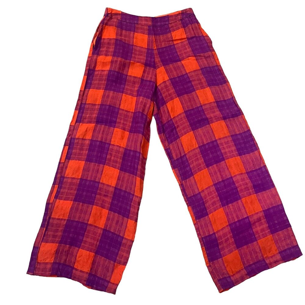 Eva Franco Anthropologie Rockabilly Plaid Linen Pants Wide Leg Checkered